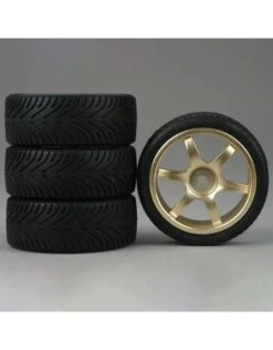 Duratrax Front/Rear Premounted 1/10 6-Spoke Gold 12mm Wheels, Radial (4)